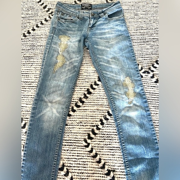 Thrill Denim - Thrill, Gold Thread Embellishments, Low-Rise, EUC, Size 3 Jrs or Size 2 Woman’s
